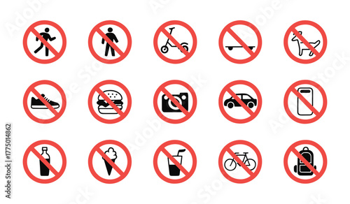 Prohibition Signs Collection Vector Illustration of Forbidden Activities and Objects