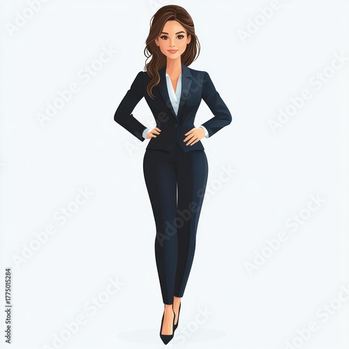 confident young woman standing with hands on hips wearing a dark business suit and heels, smiling with poised posture on white background