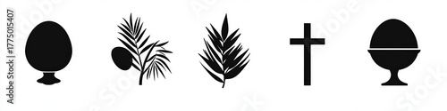 Black silhouette icons of an egg in a stand, two types of palm leaves, a cross, and an egg in half shell on a stand against white background