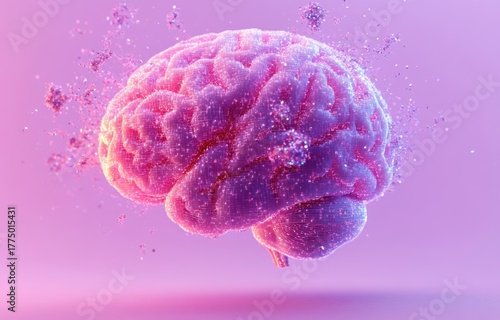 Digital representation of a human brain illuminated with pink and purple light, surrounded by floating molecular structures on a soft gradient background
