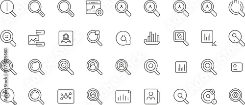 Search and analysis icon set, magnifying glass symbols, data research, business analytics, zoom tool, investigation, exploration, vector outline illustration.