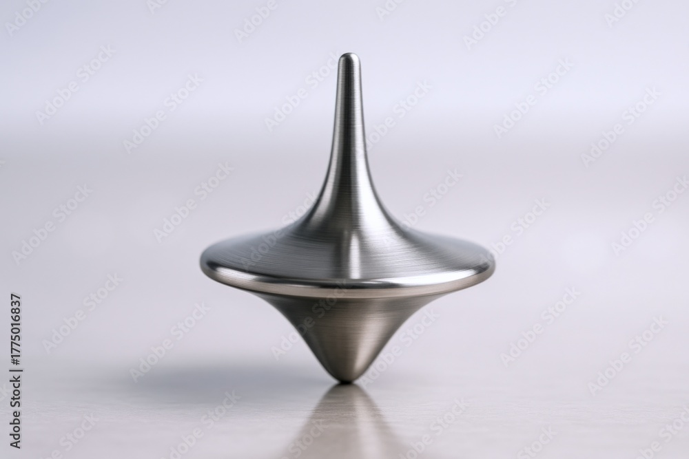 Fototapeta premium Metal Spinning Top Still Life: Precision Balancing Concept for Focus and Equilibrium, Uncertainty