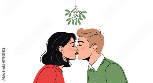 Couple kissing under mistletoe, symbolizing romance and holiday cheer