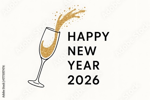 Minimal “Happy New Year 2026” Greeting — Black and Gold Champagne Splash