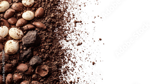 Cocoa beans and nibs on dark brown earth, with a black abyss on the right