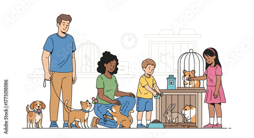 Happy Family Adopting Pets Dog, Cat, Rabbit, and Hamster with Children and Adults