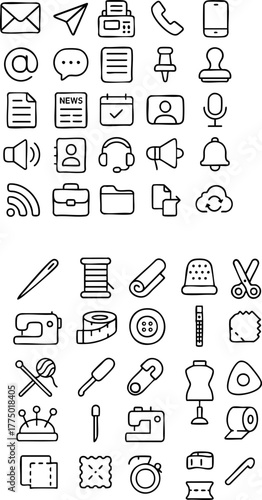 Handdrawn Icons Communication and Sewing.