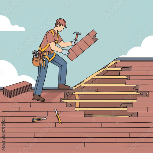 A construction worker carefully repairs a damaged rooftop, replacing broken tiles with precision and skill, ensuring structural integrity.