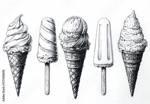 Detailed black and white sketch of five different ice cream treats including three cones with soft serve and scoops, and two popsicles with wooden sticks, showing texture and shading
