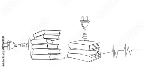 Continuous one line drawing of open book with cable plug line art symbol or logo of concept of electronic book e-book education and library reading literature.Hand drawn