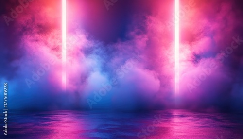 Vibrant colorful fog illuminated by vertical neon lights on a reflective surface creating a mysterious and futuristic atmosphere