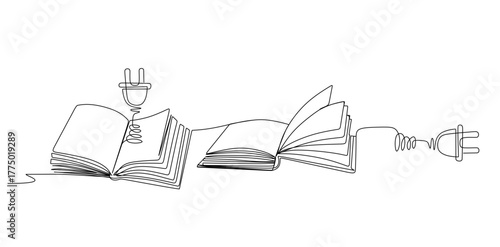 Continuous one line drawing of open book with cable plug line art symbol or logo of concept of electronic book e-book education and library reading literature.Hand drawn