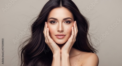 Beautiful young woman with long dark hair touching her face in soft lighting portrait