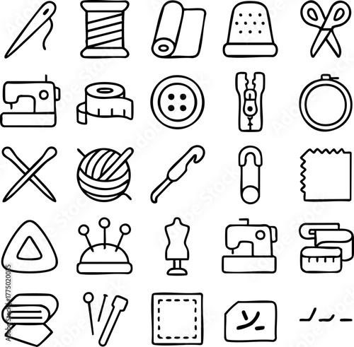 Sewing and Crafting Tools Collection Icon Set.