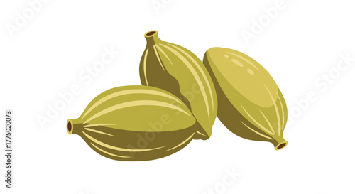 Three vibrant green cardamom pods, a popular spice for culinary and medicinal uses, known for their aromatic flavor.
