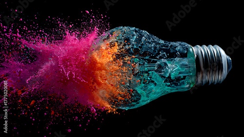 Vibrant explosion of creativity and ideas unleashed from a shattered lightbulb, signifying innovation and new beginnings on a clean modern surface
