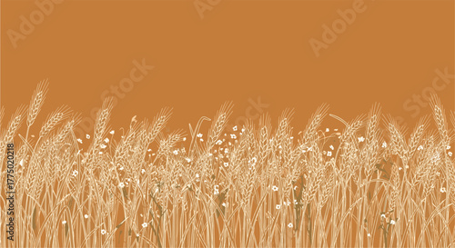 Stylized illustration of a field of ripening wheat and scattered wildflowers against a warm autumnal brown background.