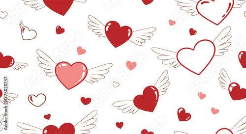 A seamless pattern of charming winged and regular hearts in various shades of red and pink on a clean white background.