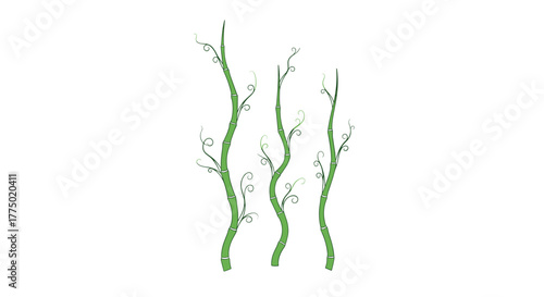 Three stylized green bamboo-like plants with delicate swirling tendrils, creating a serene and natural design element.