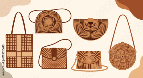 A stylish collection of various woven and rattan bags, showcasing natural textures and designs suitable for summer fashion and accessories.