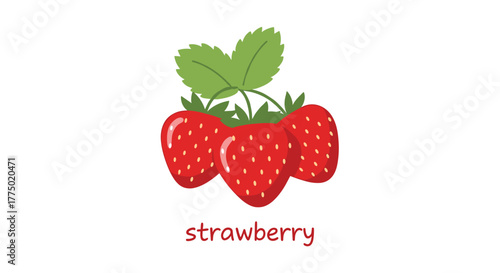 A vibrant illustration of three fresh red strawberries with green leaves and stems, with the word \.