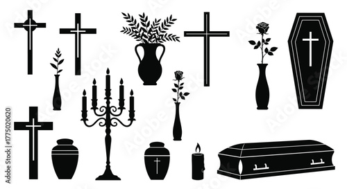 Funeral and memorial service elements in silhouette, featuring religious crosses, cremation urns, coffins, candles, and floral arrangements.