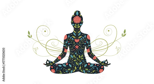 A peaceful floral silhouette of a woman meditating in a yoga pose, framed by graceful swirling vines, evoking a sense of tranquility and natural harmony.