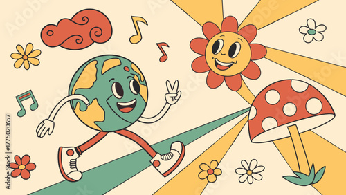 Set of vintage groovy characters and elements for poster of sticker design. Retro character, hippie 70s style, psychedelic mushroom, flowers, planet earth. Vintage vector set