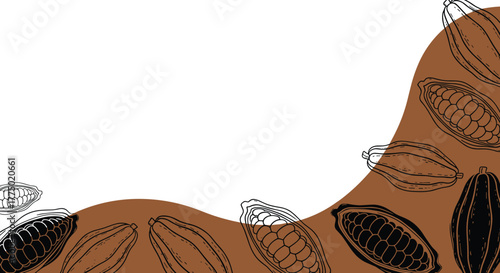 Stylized line art illustration of cocoa pods, featuring whole and cross-section cacao fruits, against a dynamic brown and white background.