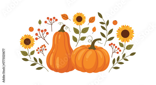 Autumn harvest collection with various pumpkins, bright sunflowers, and festive berries on a clean white background.