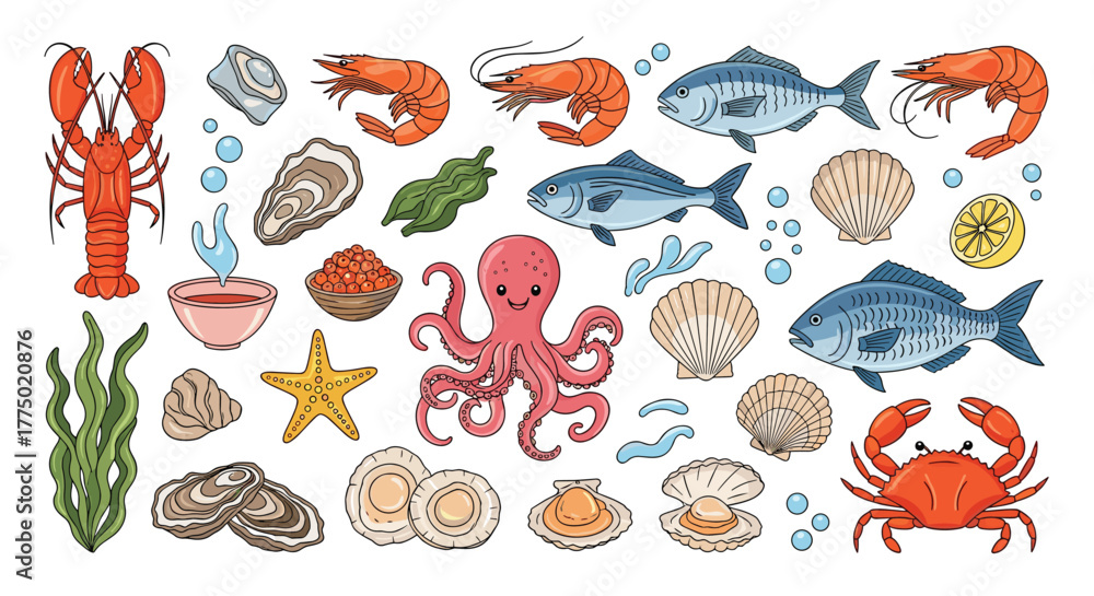Naklejka premium Fresh seafood assortment including crustaceans, fish, mollusks, and more, presented in vibrant, hand-drawn style illustrations.