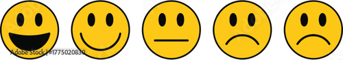 Five yellow emoticons showing different expressions