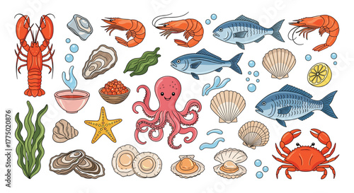 Fresh seafood assortment including crustaceans, fish, mollusks, and more, presented in vibrant, hand-drawn style illustrations.