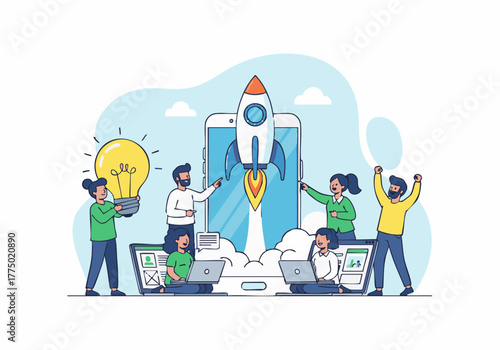 A group of diverse people collaborate around a smartphone displaying a launching rocket, symbolizing a startup's success, innovation and teamwork.