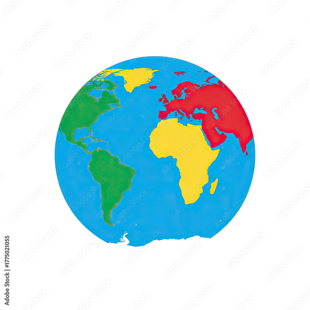 Naklejka premium Stylized Globe Showing Continents In Bright Colors With A Transparent Background Featuring North America South America Africa Europe Asia And Australia In Red Yellow And Green