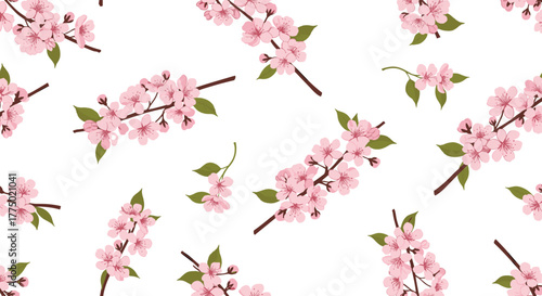 A beautiful and delicate seamless pattern features vibrant pink cherry blossoms with green leaves, evoking the freshness and beauty of spring.