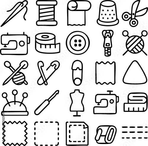 Sewing and Crafting Tools Outline Icons Set.