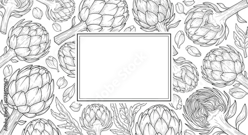 Hand-drawn vintage style artichoke pattern with a central blank rectangular frame, ideal for culinary designs or text.