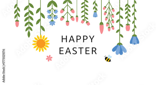 Happy Easter greeting featuring hanging spring flowers, green vines, a yellow sunflower, and a bee on a white background.