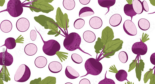 A vibrant seamless pattern of fresh purple radishes or beets with green leaves, whole and sliced, scattered on a clean white background.
