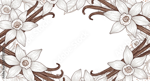 Hand-drawn frame illustration of vanilla flowers and pods, creating a botanical border with ample white copy space for design projects.