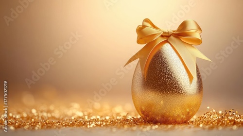 Golden egg with shimmering texture and large satin bow surrounded by sparkling golden glitter against soft glowing background, evoking celebration and luxury