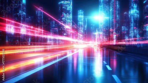 Futuristic cityscape with tall illuminated skyscrapers reflecting neon blue and pink light beams over a wet road at night