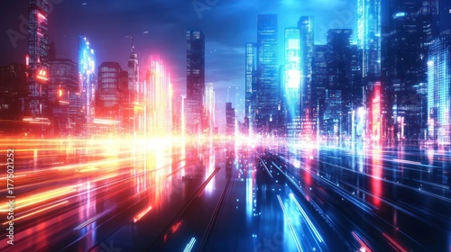 Vibrant futuristic cityscape at night with glowing skyscrapers and dynamic light trails suggesting fast movement and advanced technology