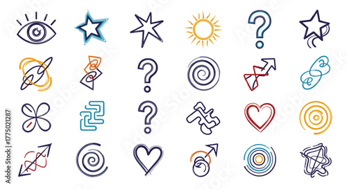 Collection of diverse hand-drawn abstract symbols and icons, featuring various shapes like stars, hearts, and arrows, with a textured brush-stroke style.