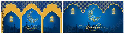 Islamic festive greeting card design for Ramadan Kareem and Eid celebration. Traditional religion background for Zakat, Iftar party, events, Social media posts, hero banners, Website headers, posters.
