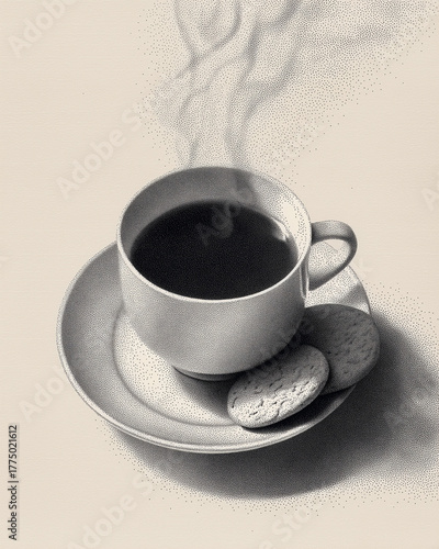 monochrome tea cup, minimalist stippling illustration
