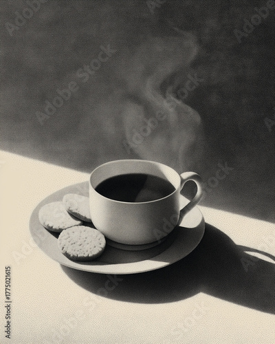 monochrome tea cup, minimalist stippling illustration
