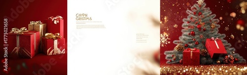 Festive scene with wrapped gold and red gift boxes and a decorated Christmas tree with red baubles and golden pine cones on a glittery surface with a warm glowing background