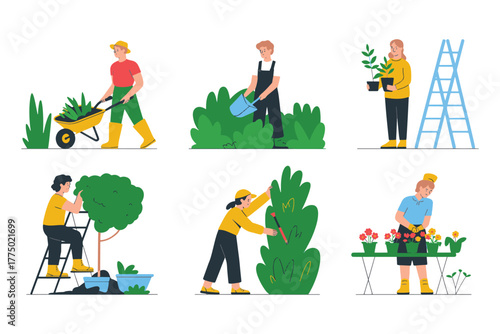 People Gardening Outdoor Activities Set Growing Flowers Planting Trees and Pruning